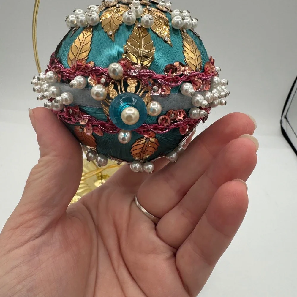 Vintage Teal Satin Beaded Christmas Ornaments Faux Pearl Gold Leaf Set of 2